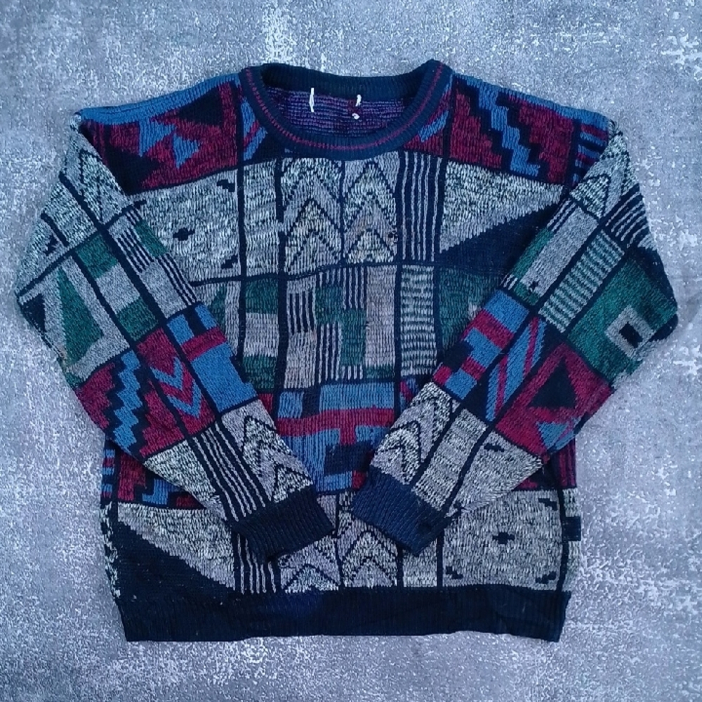 Vintage 90s Funky Biggie Style Geometric Patterned Sweater - Multicolor Unisex